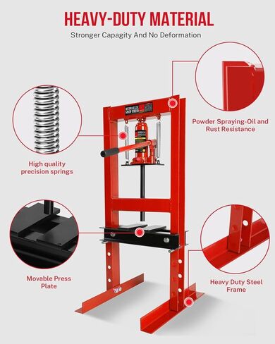 6 Ton Hydraulic Shop Press, Heavy Duty H Frame Garage Floor Press with Steel Plates, 4 Hole Adjustable Bed, Floor-Standing for Metal/Bearing Repair, Red in Kuwait