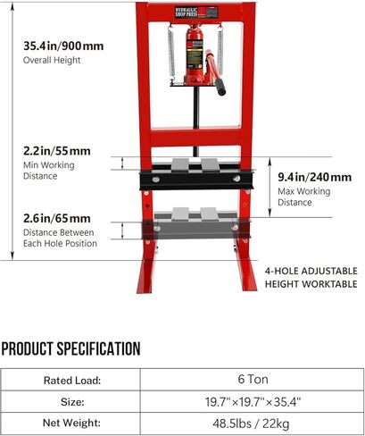6 Ton Hydraulic Shop Press, Heavy Duty H Frame Garage Floor Press with Steel Plates, 4 Hole Adjustable Bed, Floor-Standing for Metal/Bearing Repair, Red in Kuwait