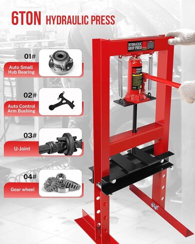 6 Ton Hydraulic Shop Press, Heavy Duty H Frame Garage Floor Press with Steel Plates, 4 Hole Adjustable Bed, Floor-Standing for Metal/Bearing Repair, Red in Kuwait