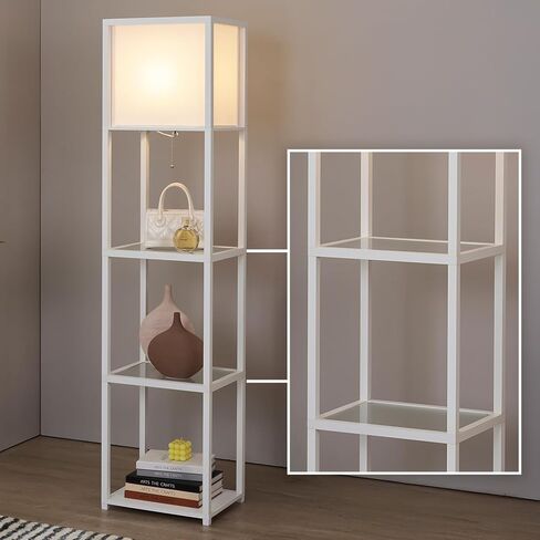 Floor Lamp with Shelves and USB, USB-C & Power Outlets, Shelf Lamp with Charging Station, Modern Square Lamps for Living Room, Standing Floor Lamp for Bedroom and Office, Tall Lamp, Black in Saudi Arabia