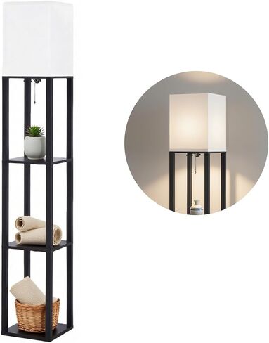 Floor Lamp with Shelves and USB, USB-C & Power Outlets, Shelf Lamp with Charging Station, Modern Square Lamps for Living Room, Standing Floor Lamp for Bedroom and Office, Tall Lamp, Black in Saudi Arabia