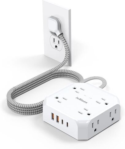 واقي التيار الكهربائي - 8 منافذ مع 4 منافذ شحن USB (2 USB C)، محول مقبس JcBlaon متعدد النحافة ومسطح مع سلك تمديد مجدول بطول 5 أقدام للمنزل والمكتب والنوم وأساسيات السفر in Kuwait