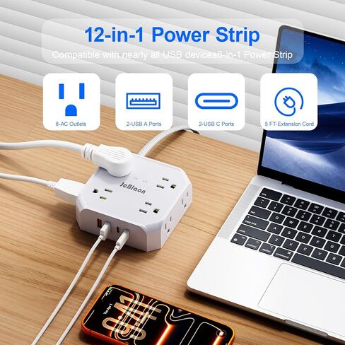 واقي التيار الكهربائي - 8 منافذ مع 4 منافذ شحن USB (2 USB C)، محول مقبس JcBlaon متعدد النحافة ومسطح مع سلك تمديد مجدول بطول 5 أقدام للمنزل والمكتب والنوم وأساسيات السفر in Kuwait