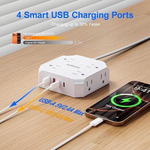 واقي التيار الكهربائي - 8 منافذ مع 4 منافذ شحن USB (2 USB C)، محول مقبس JcBlaon متعدد النحافة ومسطح مع سلك تمديد مجدول بطول 5 أقدام للمنزل والمكتب والنوم وأساسيات السفر in Kuwait