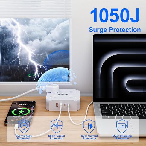 واقي التيار الكهربائي - 8 منافذ مع 4 منافذ شحن USB (2 USB C)، محول مقبس JcBlaon متعدد النحافة ومسطح مع سلك تمديد مجدول بطول 5 أقدام للمنزل والمكتب والنوم وأساسيات السفر in Kuwait