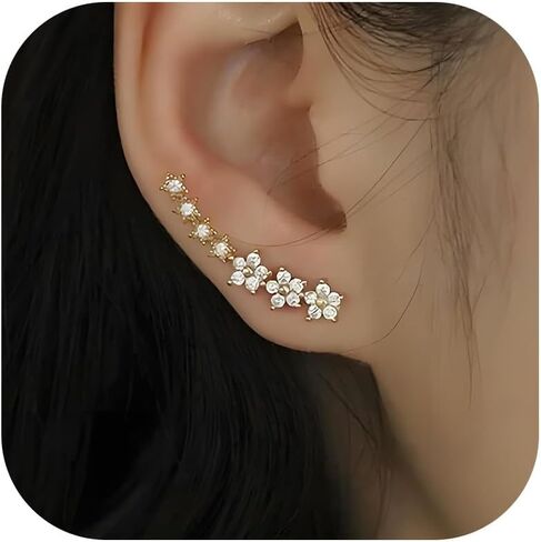 Flower Ear Climbers Earrings For Women, 925 Silver Needle Dainty Cz Star Shiny Stud Cuff Crawler Earrings For Bride Wedding Christmas Jewelry Gift in Saudi Arabia