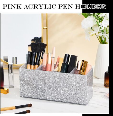 Jetec Glitter Pink Pencil Holder Acrylic Bling Pen Storage for Women Girls 4 Slots Sparkle Makeup Brush Holder Cosmetic Brush Storage Box for Desk Accessory Office Dorm Bathroom Kitchen Supplies in Saudi Arabia