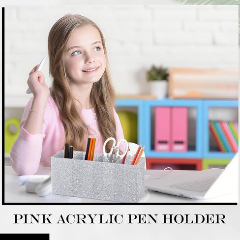 Jetec Glitter Pink Pencil Holder Acrylic Bling Pen Storage for Women Girls 4 Slots Sparkle Makeup Brush Holder Cosmetic Brush Storage Box for Desk Accessory Office Dorm Bathroom Kitchen Supplies in Saudi Arabia