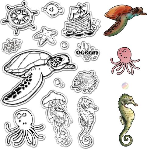 CRASPIRE SEA Animal Ocean Ocean Clear Stamps Seahorse Ship Dolphins Shells Starfish Coral Resulable Retro Postmark Silicone Stamp Seals for Journess Card in Kuwait