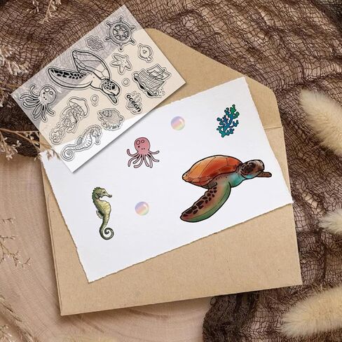 CRASPIRE SEA Animal Ocean Ocean Clear Stamps Seahorse Ship Dolphins Shells Starfish Coral Resulable Retro Postmark Silicone Stamp Seals for Journess Card in Kuwait