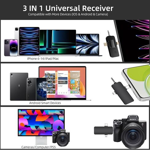ميكروفون صغير 3 في 1 لهاتف iPhone: ميكروفونات Lavalier لاسلكية لنظام iOS/Android/الكاميرا - ميكروفون ذو طية صدر السترة لتقليل الضوضاء للبث المباشر - HiDefSound للفيديو مافريكس - أسود in Saudi Arabia