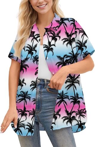 Betusline Girl's Button Down Beach Shirts Hawaiian Shirt Ploral Ploral Tropical Sleeve Short for Girl ، H Pink #1 ، 4-5T = Tag 120 in Saudi Arabia