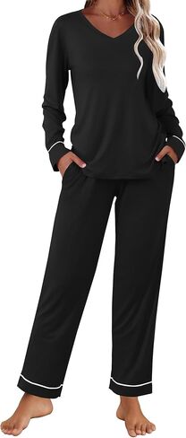 Ekouaer Womens Pajama Sets 2 piece Lounge Sets for Women V-neck Long Sleeve Top and Elastic Waist Pants with Pockets in Saudi Arabia