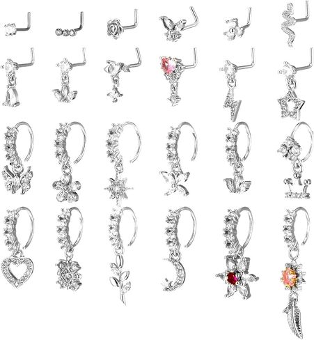 24pcs حل حلقات الأنف طوق للنساء الذهب L على شكل متدلي أنف مسمار 20G CZ الفولاذ الجراحي ورقة القلب القمر النجمة الفراشة أنوف الهندية الأطواق مع مجوهرات ثقب السحر in Kuwait