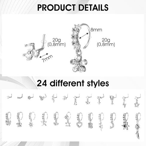 24pcs حل حلقات الأنف طوق للنساء الذهب L على شكل متدلي أنف مسمار 20G CZ الفولاذ الجراحي ورقة القلب القمر النجمة الفراشة أنوف الهندية الأطواق مع مجوهرات ثقب السحر in Kuwait