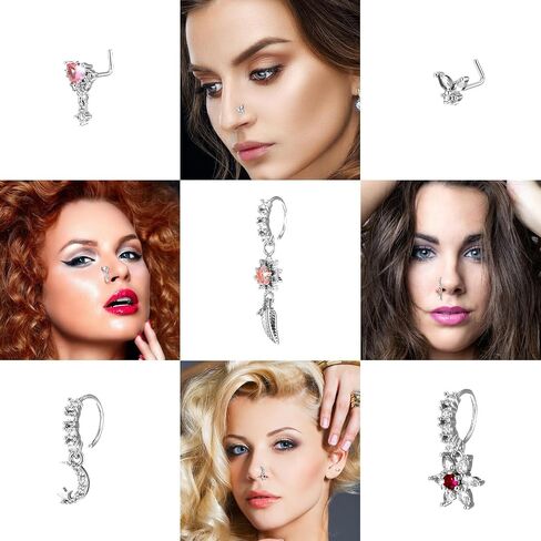 24pcs حل حلقات الأنف طوق للنساء الذهب L على شكل متدلي أنف مسمار 20G CZ الفولاذ الجراحي ورقة القلب القمر النجمة الفراشة أنوف الهندية الأطواق مع مجوهرات ثقب السحر in Kuwait