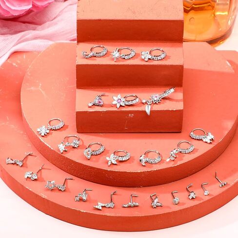 24pcs حل حلقات الأنف طوق للنساء الذهب L على شكل متدلي أنف مسمار 20G CZ الفولاذ الجراحي ورقة القلب القمر النجمة الفراشة أنوف الهندية الأطواق مع مجوهرات ثقب السحر in Kuwait