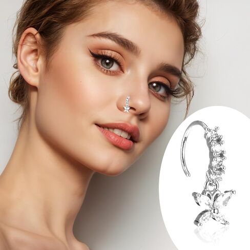 24pcs حل حلقات الأنف طوق للنساء الذهب L على شكل متدلي أنف مسمار 20G CZ الفولاذ الجراحي ورقة القلب القمر النجمة الفراشة أنوف الهندية الأطواق مع مجوهرات ثقب السحر in Kuwait