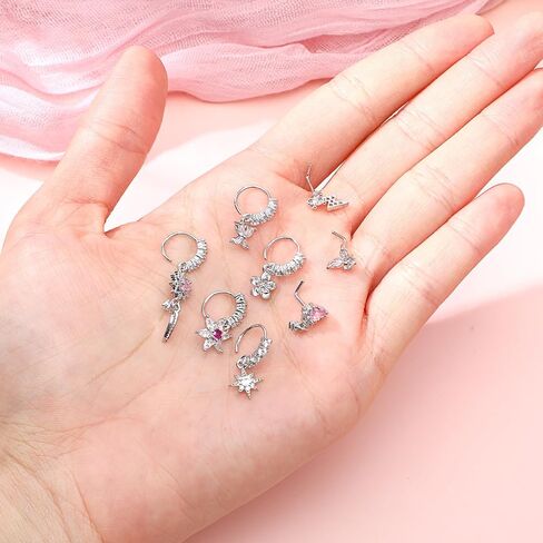 24pcs حل حلقات الأنف طوق للنساء الذهب L على شكل متدلي أنف مسمار 20G CZ الفولاذ الجراحي ورقة القلب القمر النجمة الفراشة أنوف الهندية الأطواق مع مجوهرات ثقب السحر in Kuwait