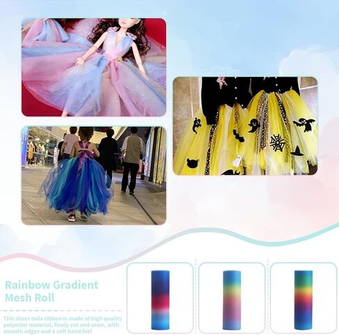 10 Colors Rainbow Tulle Rolls Tulle Netting Rolls Tulle Fabric Spool Ribbon 6" by 25 Yards/Spool and Sewing Scissor Measuring Tape Knit Elastic Spool for Table Skirt Rainbow Party Tulle Skirt in Saudi Arabia