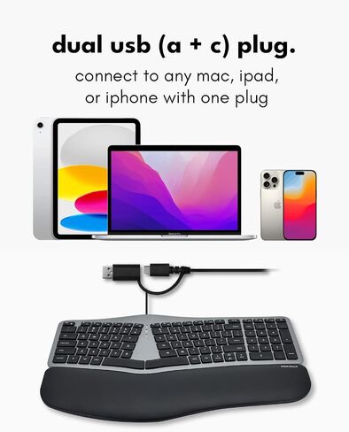 Macally Wired Ergonomic Keyboard for Mac - Compatible Backlit Apple Keyboard with Wrist Rest (Curved for Comfort) Ergo Split Keyboard for MacBook Pro/Air, iMac, Mac Mini in Saudi Arabia