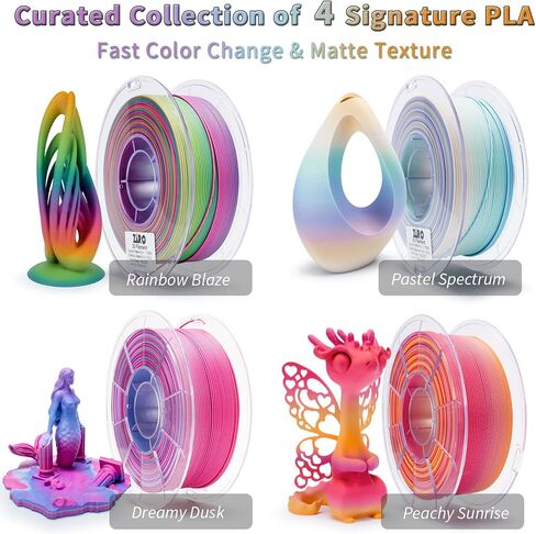 حزمة من 4 قطع من ZIRO Matte Fast Color Change PLA، حزمة خيوط متدرجة الألوان 1.75 مم، خيوط PLA غير لامعة بألوان قوس قزح، تناسب معظم الطابعات والقلم ثلاثية الأبعاد، 2.2 رطل × 4 بكرات in Kuwait