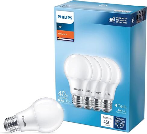 PHILIPS LED A19, Non-Dimmable, Flicker-Free, Eye Comfort Technology, 500 Lumen, Frosted, Soft White 2700K, 5W=40W, 24PK in Kuwait