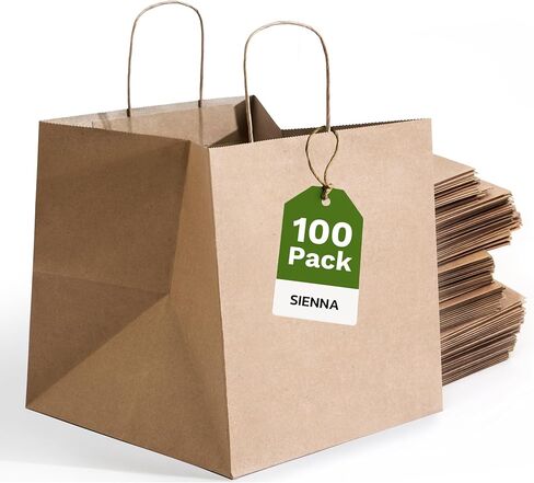EKOBAGS. Sienna Kraft Paper Gift Bags with Handles | Sturdy Brown Paper Bags Bulk for Retail, Shopping, Party Favors & Small Business | 100% Recyclable & Sustainable | 12x8x13 inches, 50-Pack in Saudi Arabia