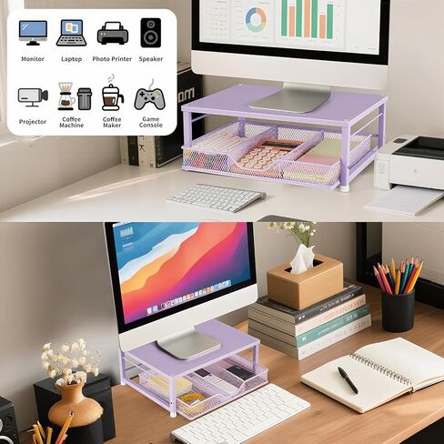 Wood Monitor Stand Riser, Laptop Stand for Desk, Office Desk Organizer and Accessories, Computer Desktop Shelf with Drawer and Pen Holder, Printer Stand for Home, Office, Dorm (Black Wood) in Kuwait