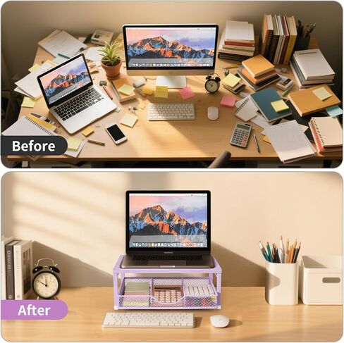 Wood Monitor Stand Riser, Laptop Stand for Desk, Office Desk Organizer and Accessories, Computer Desktop Shelf with Drawer and Pen Holder, Printer Stand for Home, Office, Dorm (Black Wood) in Kuwait