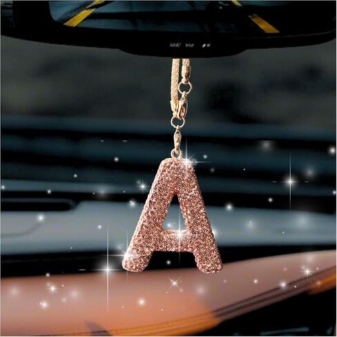 Bling Car Accessories for Women Letter Charm, Rainbow Crystal Rearview Mirror Pendant, Cute Diamond Rhinestone Car Decor, Lucky Gift for Women(R, Champagne Gold) in Kuwait