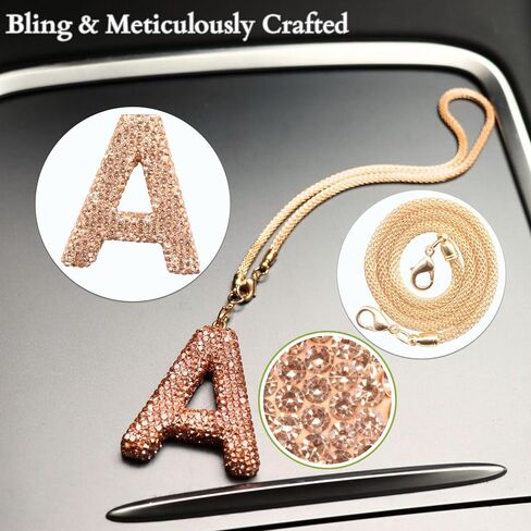 Bling Car Accessories for Women Letter Charm, Rainbow Crystal Rearview Mirror Pendant, Cute Diamond Rhinestone Car Decor, Lucky Gift for Women(R, Champagne Gold) in Kuwait