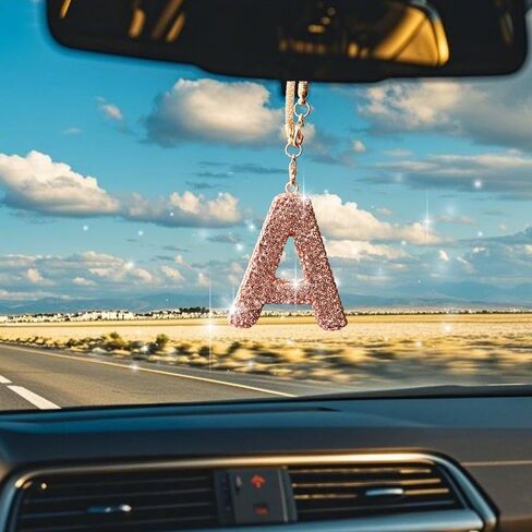 Bling Car Accessories for Women Letter Charm, Rainbow Crystal Rearview Mirror Pendant, Cute Diamond Rhinestone Car Decor, Lucky Gift for Women(R, Champagne Gold) in Kuwait