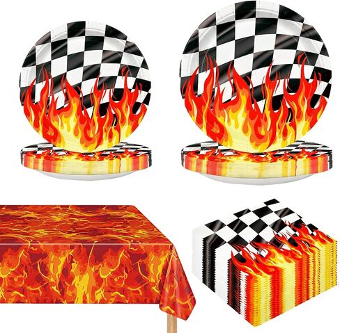 Fire Party Tableware Set, 73PCS Little Firefighter Birthday Party Supplies Includes 9 and 7 Inch Plates Napkins and Tablecloth for Summer BBQ Picnic Party Tableware Flame Racing Party Decorations in Saudi Arabia