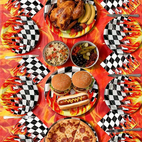 Fire Party Tableware Set, 73PCS Little Firefighter Birthday Party Supplies Includes 9 and 7 Inch Plates Napkins and Tablecloth for Summer BBQ Picnic Party Tableware Flame Racing Party Decorations in Saudi Arabia