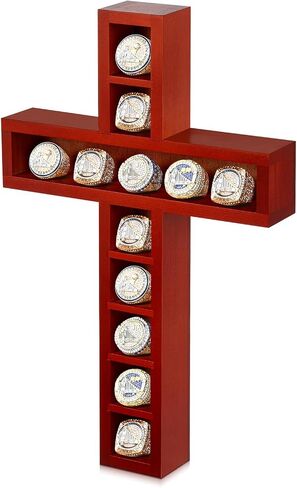 Championship Ring Cross Display Case 12 Ring Posts Baseball Ring Holder 9 x 14.4 Inches Wall Mount Wooden Shadow Box for Sports Award Rings Fan Souvenirs Display(Walnut) in Kuwait
