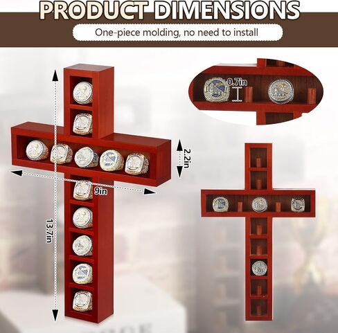 Championship Ring Cross Display Case 12 Ring Posts Baseball Ring Holder 9 x 14.4 Inches Wall Mount Wooden Shadow Box for Sports Award Rings Fan Souvenirs Display(Walnut) in Kuwait