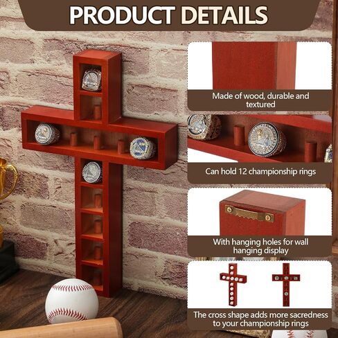 Championship Ring Cross Display Case 12 Ring Posts Baseball Ring Holder 9 x 14.4 Inches Wall Mount Wooden Shadow Box for Sports Award Rings Fan Souvenirs Display(Walnut) in Kuwait