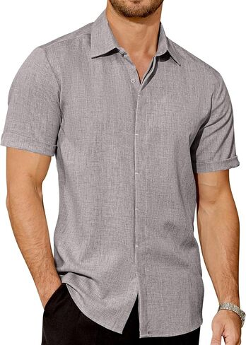Mens Button Down Short Sleeve Shirt Linen Textured Summer Casual Shirts Beach Vacation Wedding Tops Wrinkle Free in Saudi Arabia