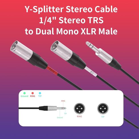PRORECK 6FT Y-Splitter Stereo Breakout Cable - 1/4" ستيريو TRS إلى ثنائي أحادي XLR ذكر، موصلات Rean، 20 AWG، مثالي لتطبيقات المسرح والاستوديو والصوت المباشر (PR-TRS-2XLRM/6FT) in Kuwait
