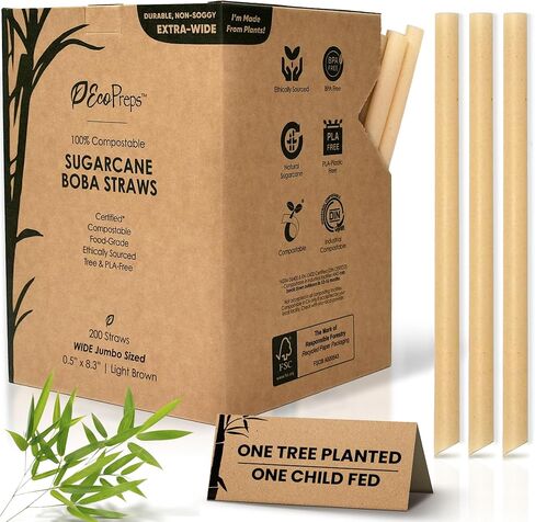 قش عصير Jumbo القابل للتحلل ، قش بوبا قصب السكر-50 قطعة ، واسعة إضافية ، 100 ٪ قابلة للسماد ، خالية من البلاستي in Kuwait