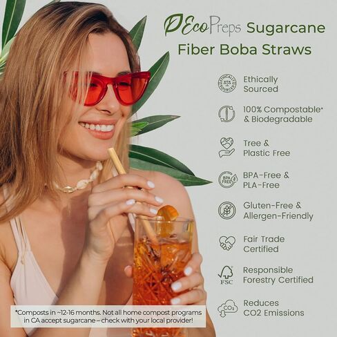 قش عصير Jumbo القابل للتحلل ، قش بوبا قصب السكر-50 قطعة ، واسعة إضافية ، 100 ٪ قابلة للسماد ، خالية من البلاستي in Kuwait