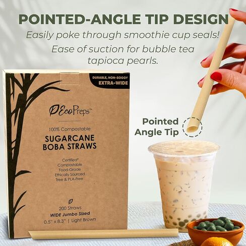 قش عصير Jumbo القابل للتحلل ، قش بوبا قصب السكر-50 قطعة ، واسعة إضافية ، 100 ٪ قابلة للسماد ، خالية من البلاستي in Kuwait