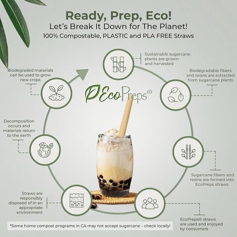 قش عصير Jumbo القابل للتحلل ، قش بوبا قصب السكر-50 قطعة ، واسعة إضافية ، 100 ٪ قابلة للسماد ، خالية من البلاستي in Kuwait