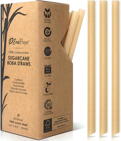 Biodegradable Jumbo Smoothie Straws, Sugarcane Boba Straws - 50 PCS, Extra Wide, 100% Compostable, Plastic-Free, Eco-Friendly Large Wide-Mouthed Straw - 8.3'' Long Sugarcane Disposable Straw in Kuwait