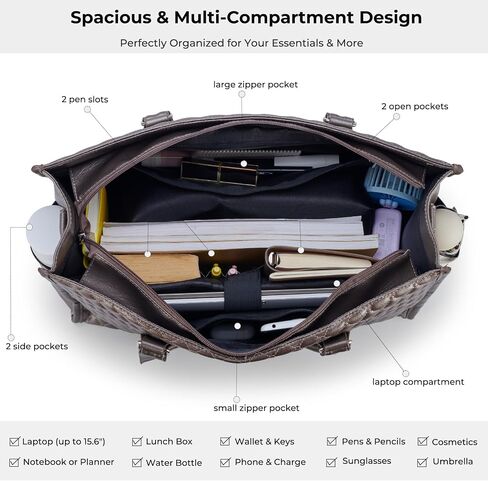Laptop Bag with Insulated Lunch Compartment for Women, PU Leather 15.6 Inch Work Bag, Elegant Computer Handbag, Versatile Business Tote for Office,Travel or Casual-Chocolate Brown in Saudi Arabia