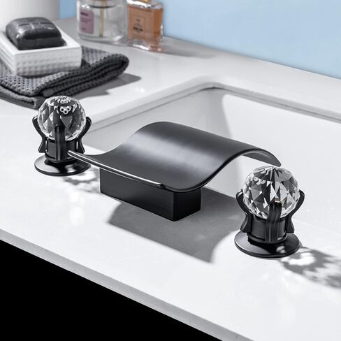 Widespread Bathroom Sink Faucet with Crystal Knob 3 Hole Waterfall Bathroom Vanity Faucet 8 Inch Crystal Bathroom Faucet Deck Mount Basin Mixer Tap with Hose, Gold Finish in Saudi Arabia