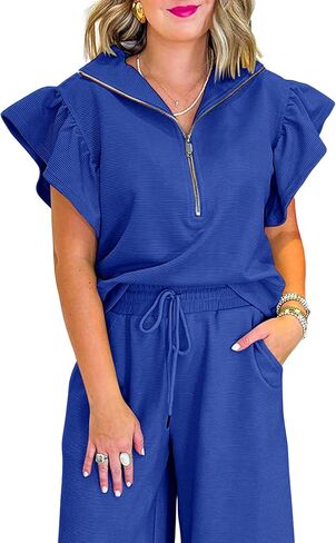 SELINK Two Piece Sets for Women Summer Outfits Ruffle Cap Sleeve Zip Top Wide Leg Pants Lounge Set Tracksuits in Kuwait