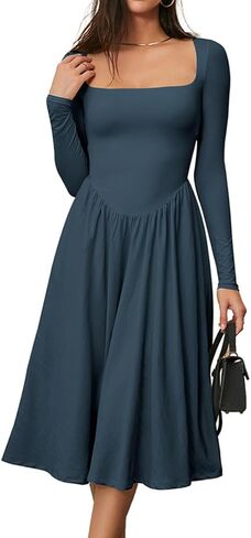 CHYRII Women Spring Fashion 2025 Square Neck Long Sleeve Casual A-Line Midi Dress in Kuwait