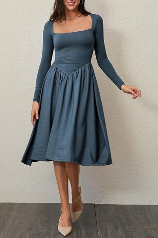 CHYRII Women Spring Fashion 2025 Square Neck Long Sleeve Casual A-Line Midi Dress in Kuwait